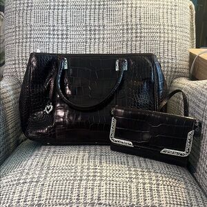 Brighton Black Crocodile-Embossed Shoulder Bag